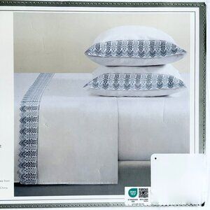 Rachel Ashwell Blue Embroidered Eyelet Hem KING Size Cotton Sheet Set WHITE